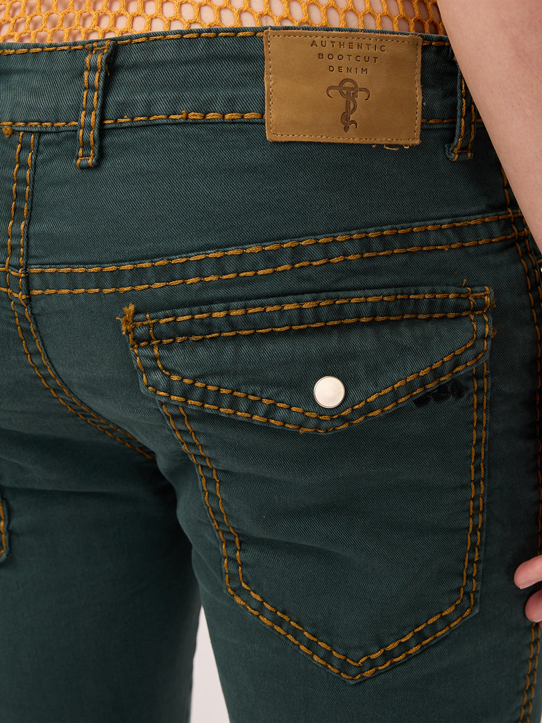 Men’s Deep Pine Bootcut Jeans with Zipper Bottom & Mustard Saddle Stitch
