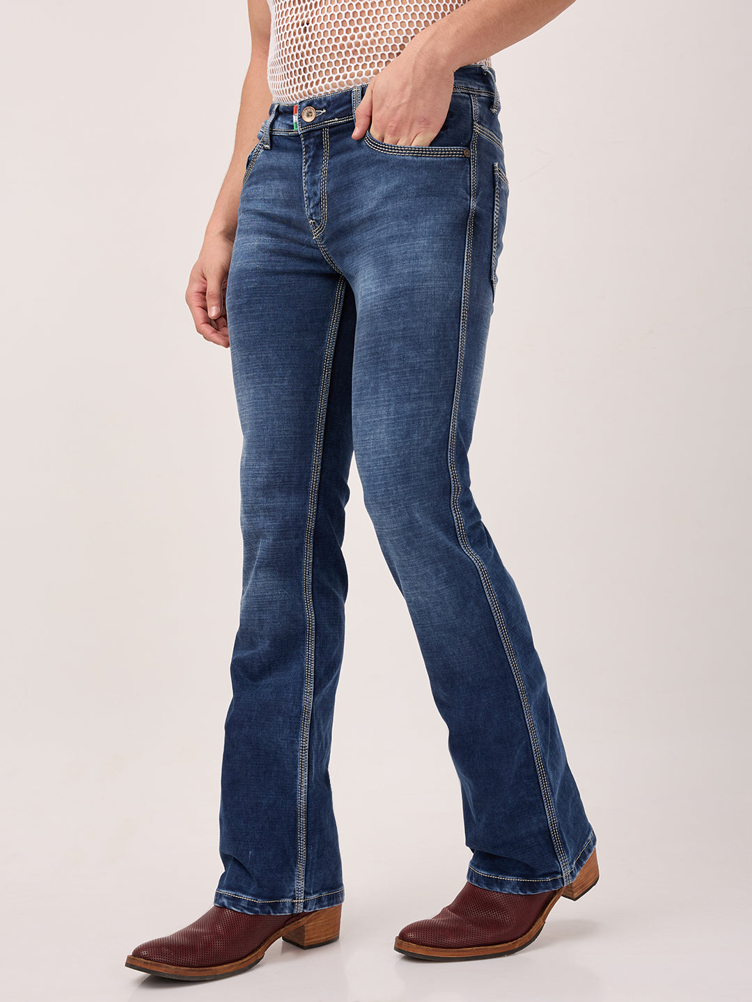 Men’s Bootcut Stretch Jeans – Ocean Fade Blue with Contrast Stitching Slim Fit