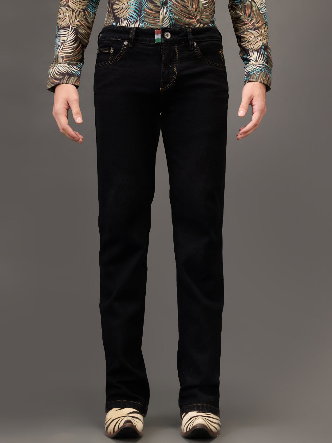 Jet Black Men's Bootcut Jeans – Triple-Stitched Toughness with Khaki Detailing