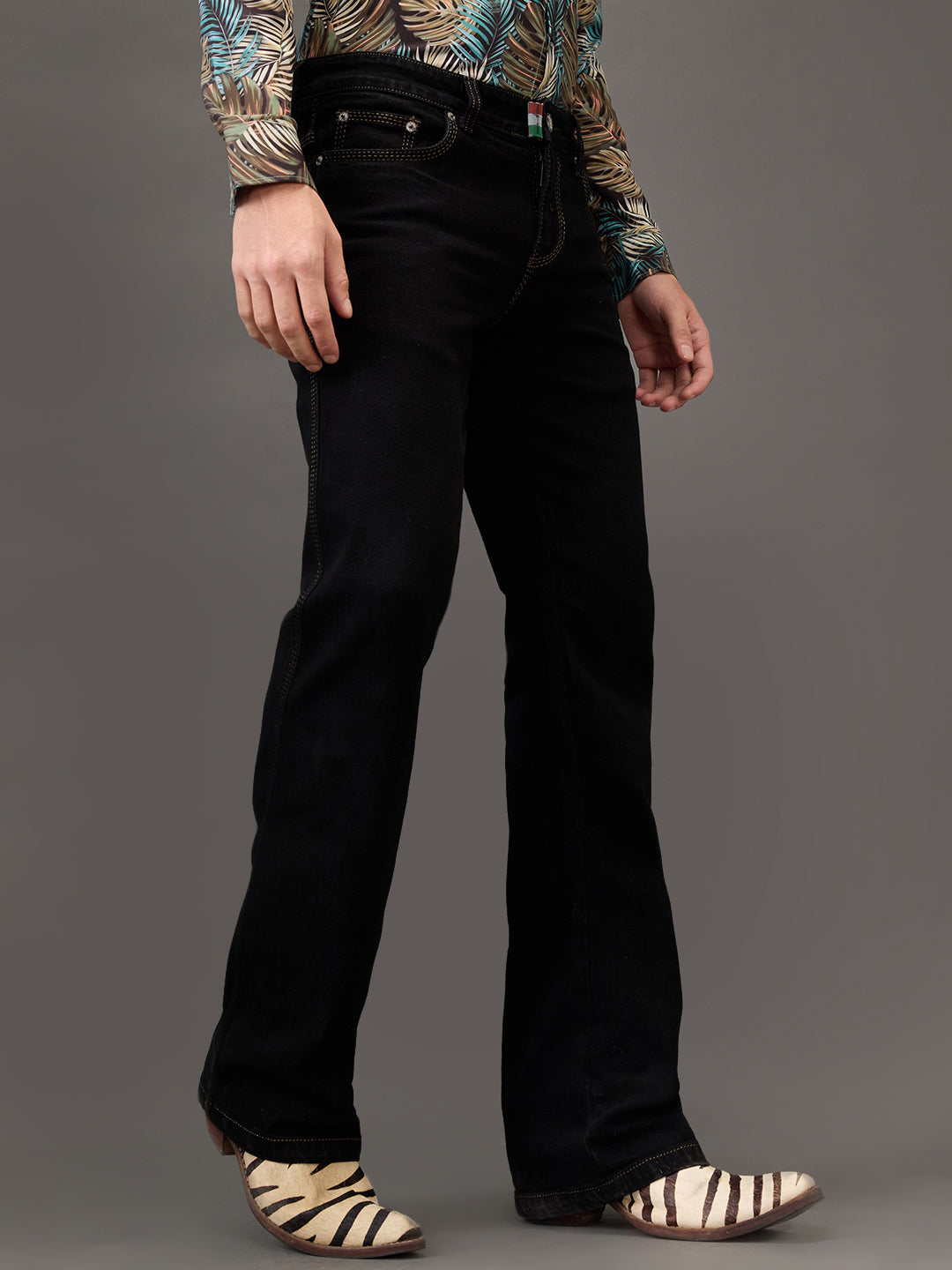 Jet Black Men's Bootcut Jeans – Triple-Stitched Toughness with Khaki Detailing