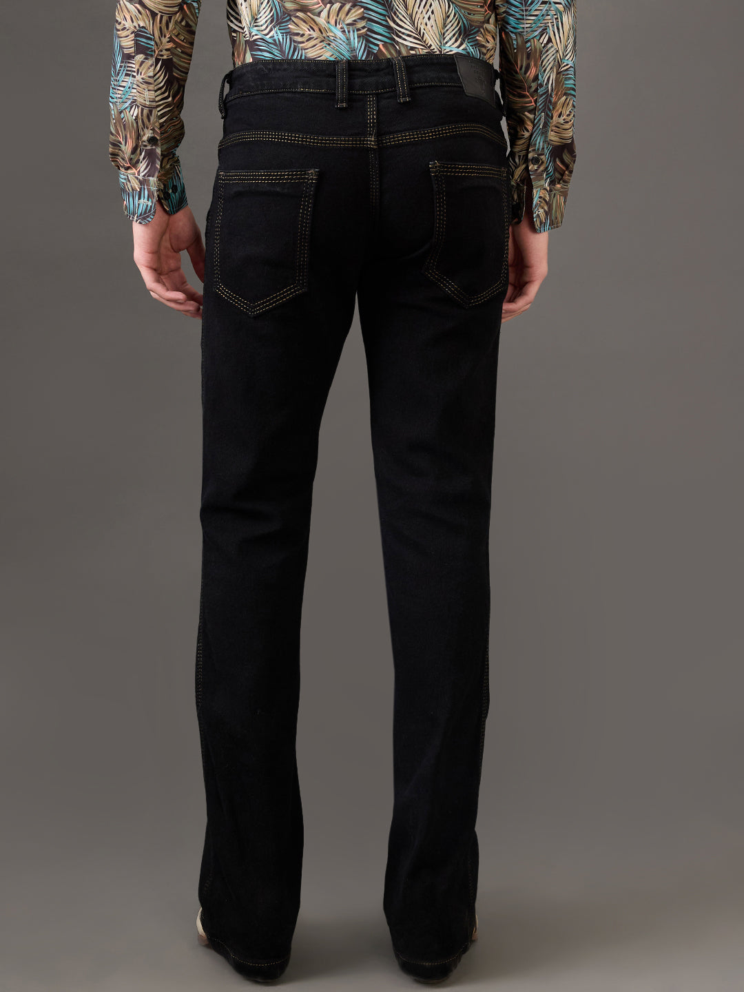 Jet Black Men's Bootcut Jeans – Triple-Stitched Toughness with Khaki Detailing