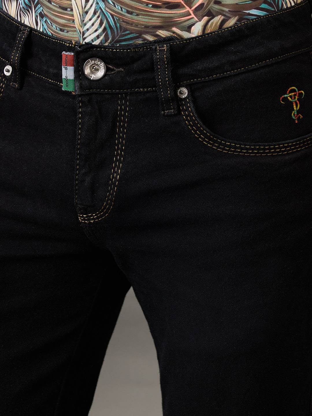 Jet Black Men's Bootcut Jeans – Triple-Stitched Toughness with Khaki Detailing