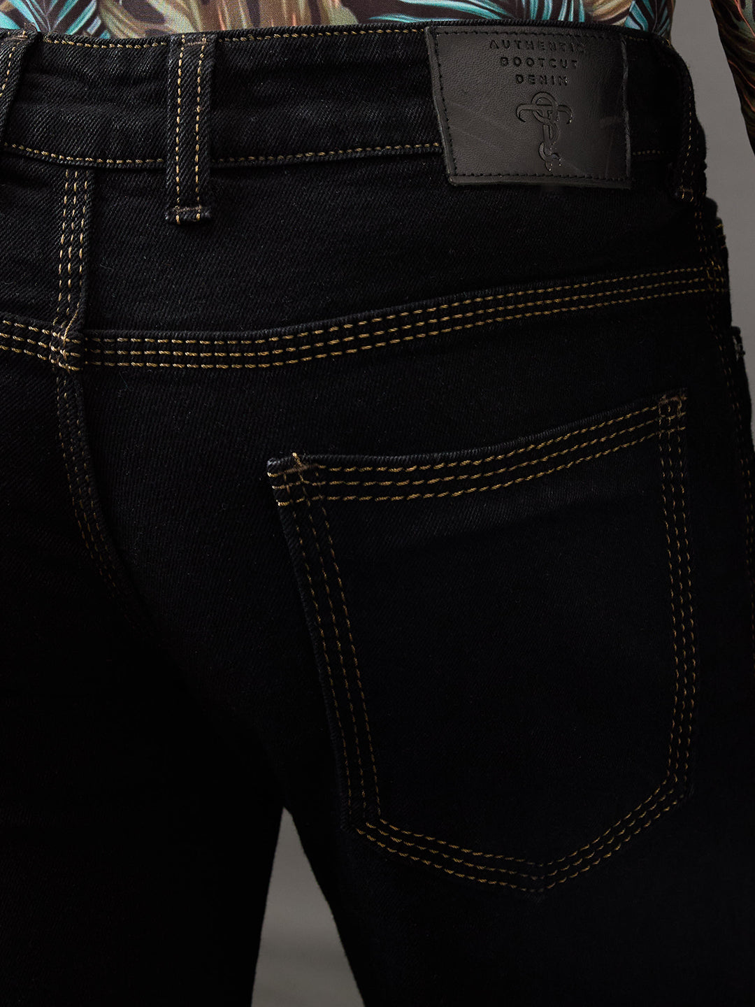 Jet Black Men's Bootcut Jeans – Triple-Stitched Toughness with Khaki Detailing