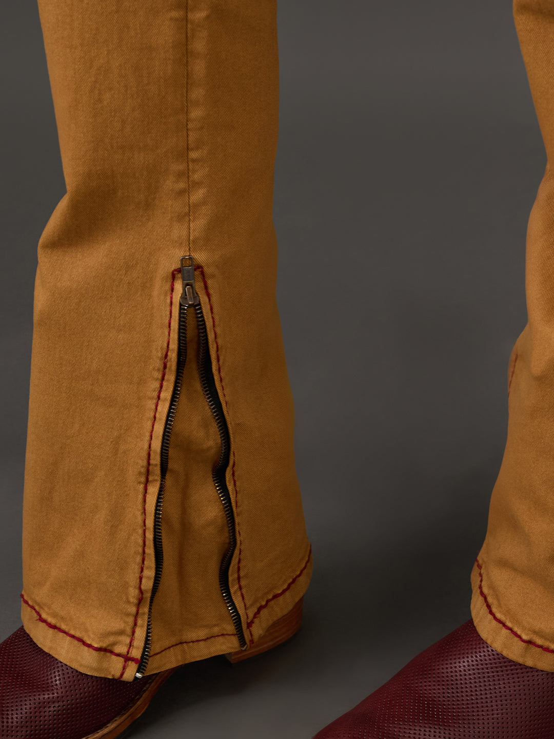 Mustard Bootcut Jeans with Maroon Saddle Stitch & Zipper Bottom