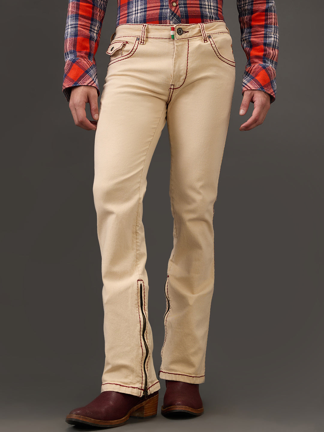 Beige Bootcut Jeans – Maroon Saddle Stitch with Zippered Bottom Detail
