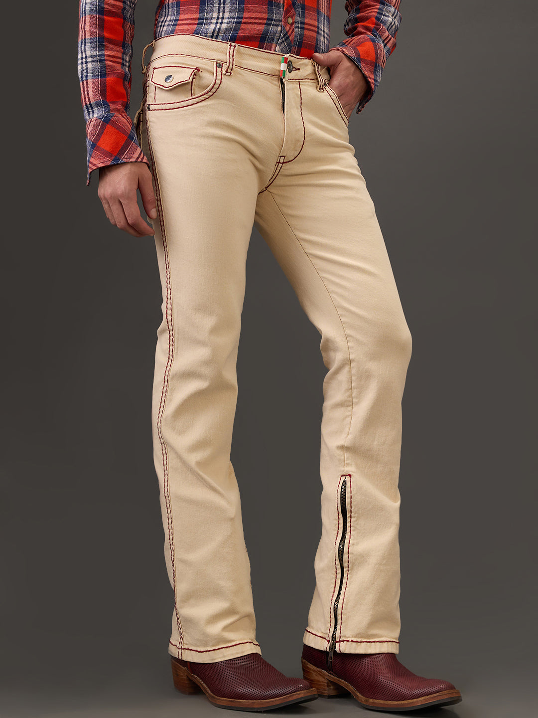 Beige Bootcut Jeans – Maroon Saddle Stitch with Zippered Bottom Detail