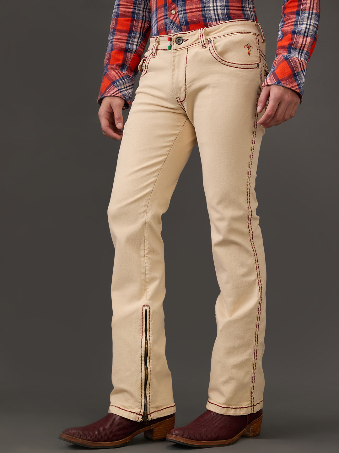 Beige Bootcut Jeans – Maroon Saddle Stitch with Zippered Bottom Detail