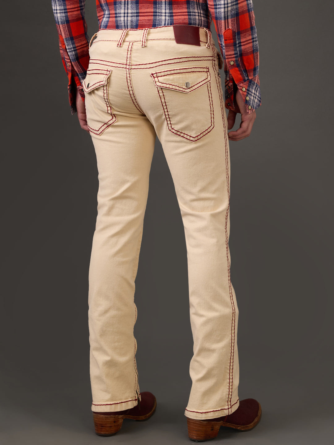 Beige Bootcut Jeans – Maroon Saddle Stitch with Zippered Bottom Detail