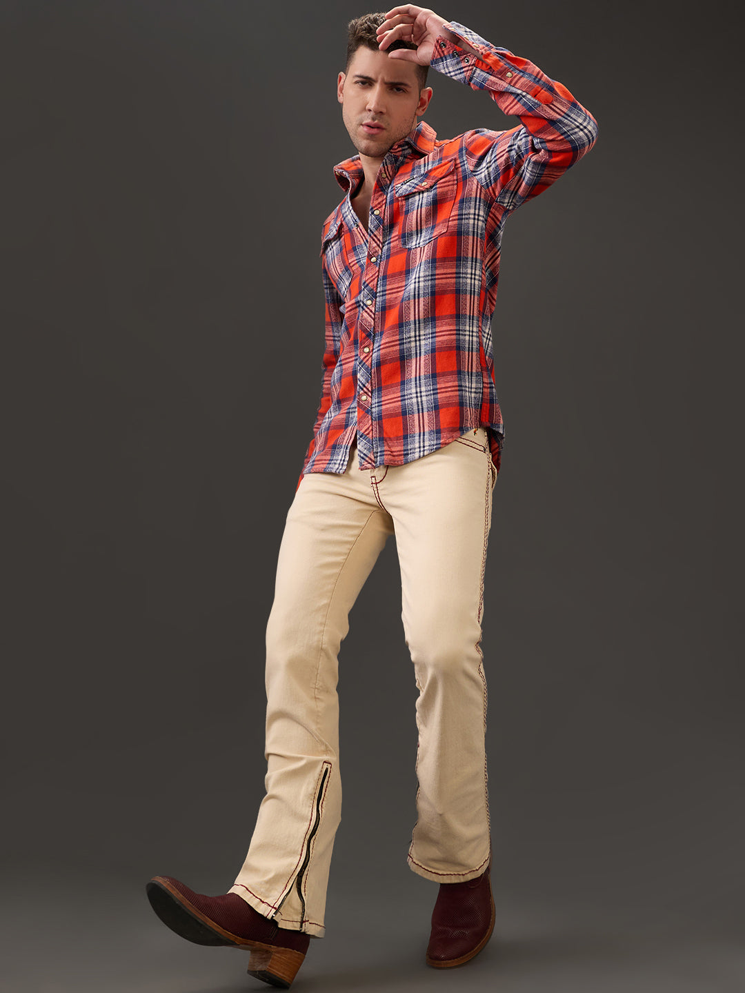 Beige Bootcut Jeans – Maroon Saddle Stitch with Zippered Bottom Detail