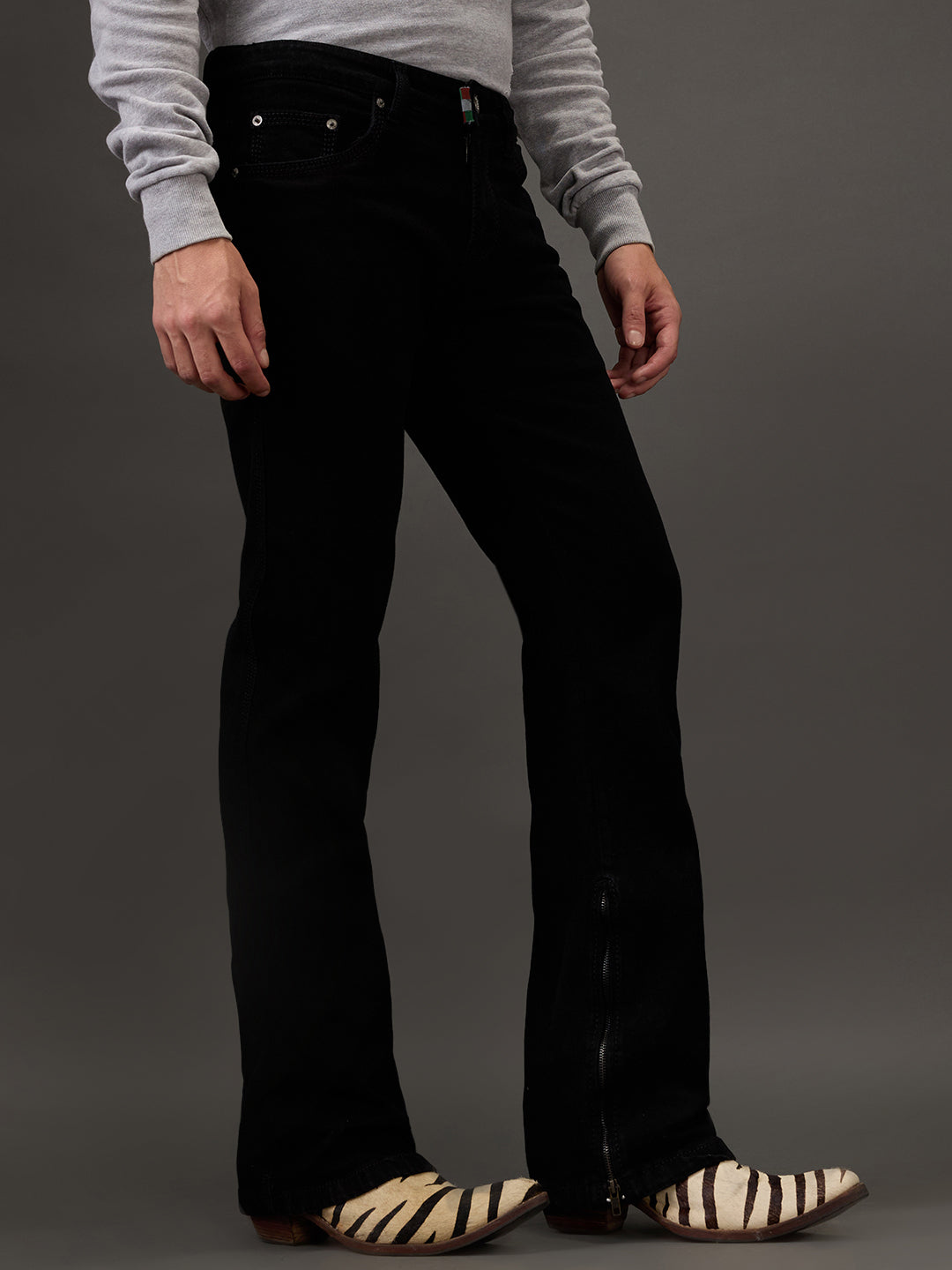 Black Stealth Bootcut Jeans β All-Black Stitch with Zippered Bottom