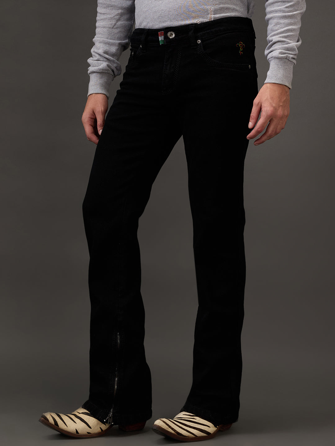 Black Stealth Bootcut Jeans β All-Black Stitch with Zippered Bottom