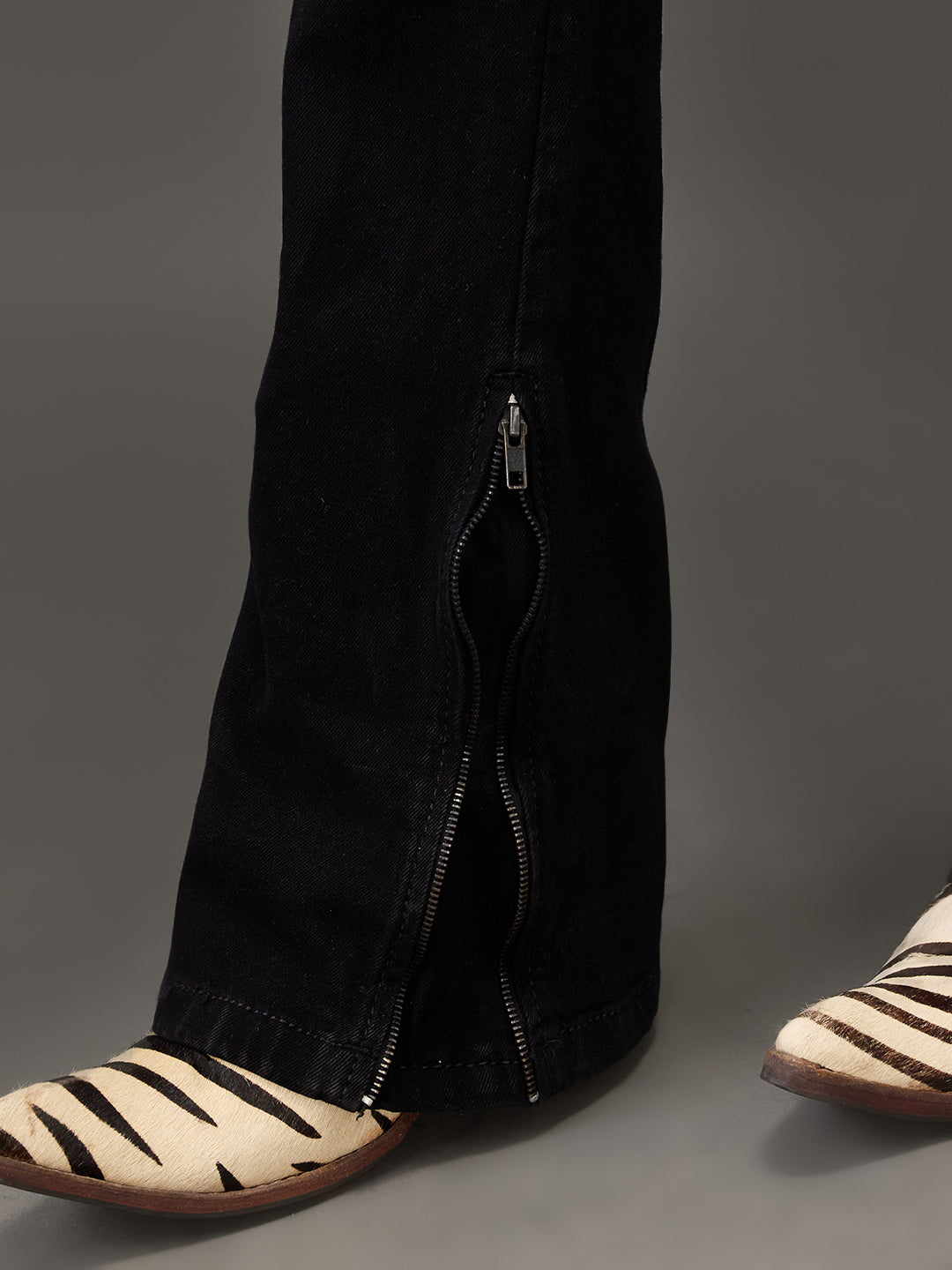 Black Stealth Bootcut Jeans β All-Black Stitch with Zippered Bottom