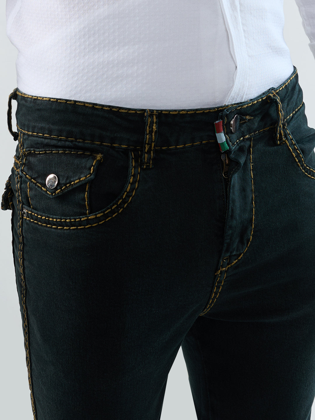 Men’s Shadow Olive Bootcut Denim Jeans with Mustard Stitching & Back Pocket Flaps