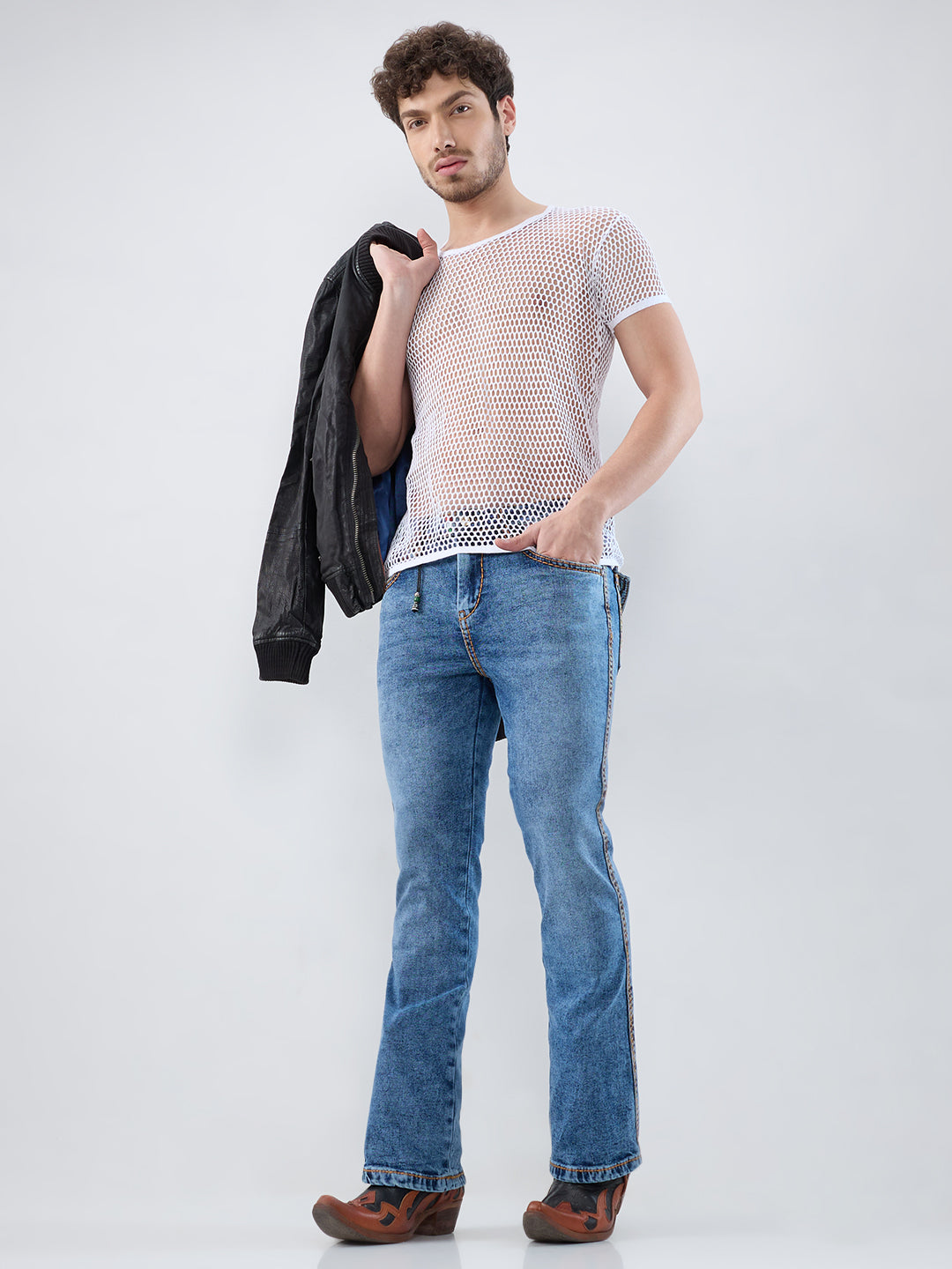 Men’s Ice Blue Bootcut Stretch Denim Jeans with Mustard Stitching