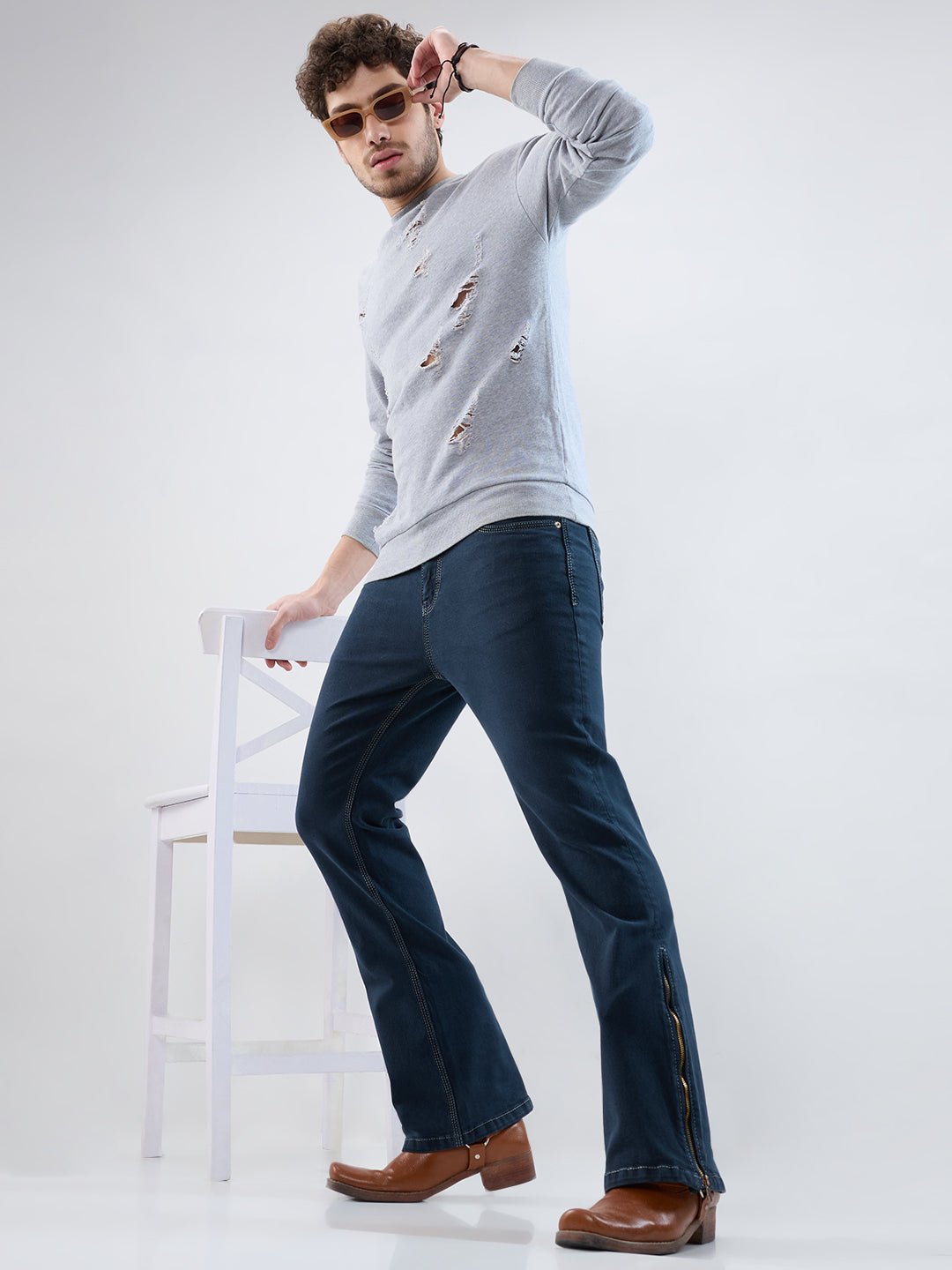 Men Premium Marine Blue Bootcut Stretch Denim with Bottom Zip Detail