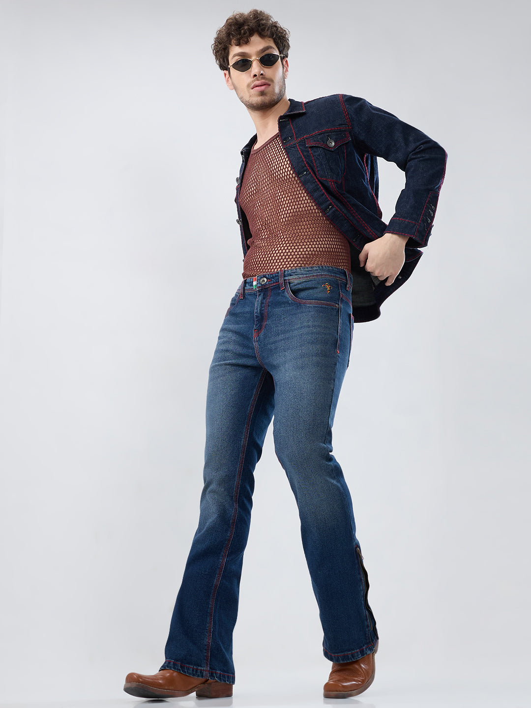 Men’s Bootcut Vintage Blue Stretch Jeans with Red Thread Detail & Bottom Zipper