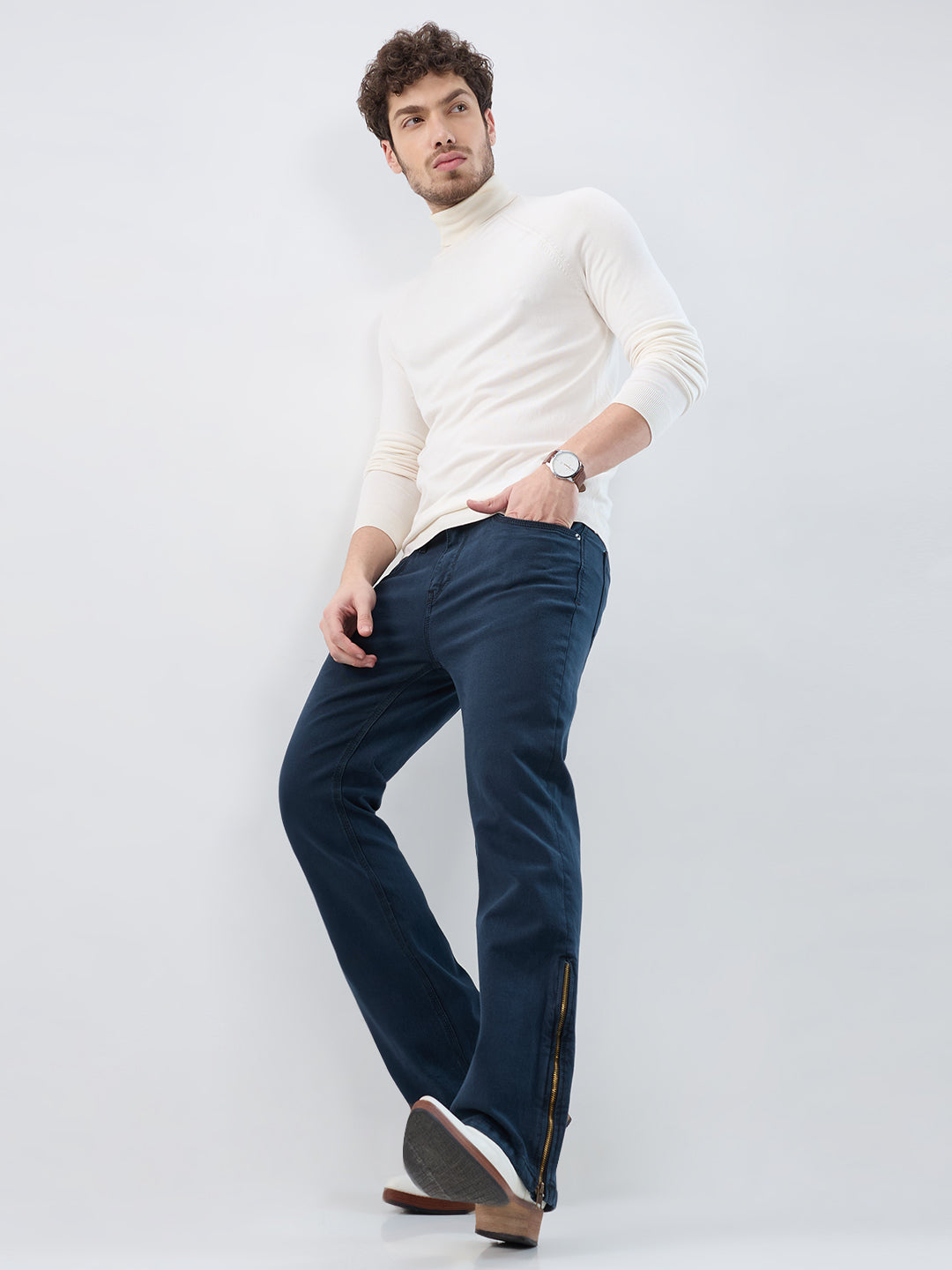 Men’s Deep Ocean Indigo Bootcut Stretch Jeans with Bottom Zipper