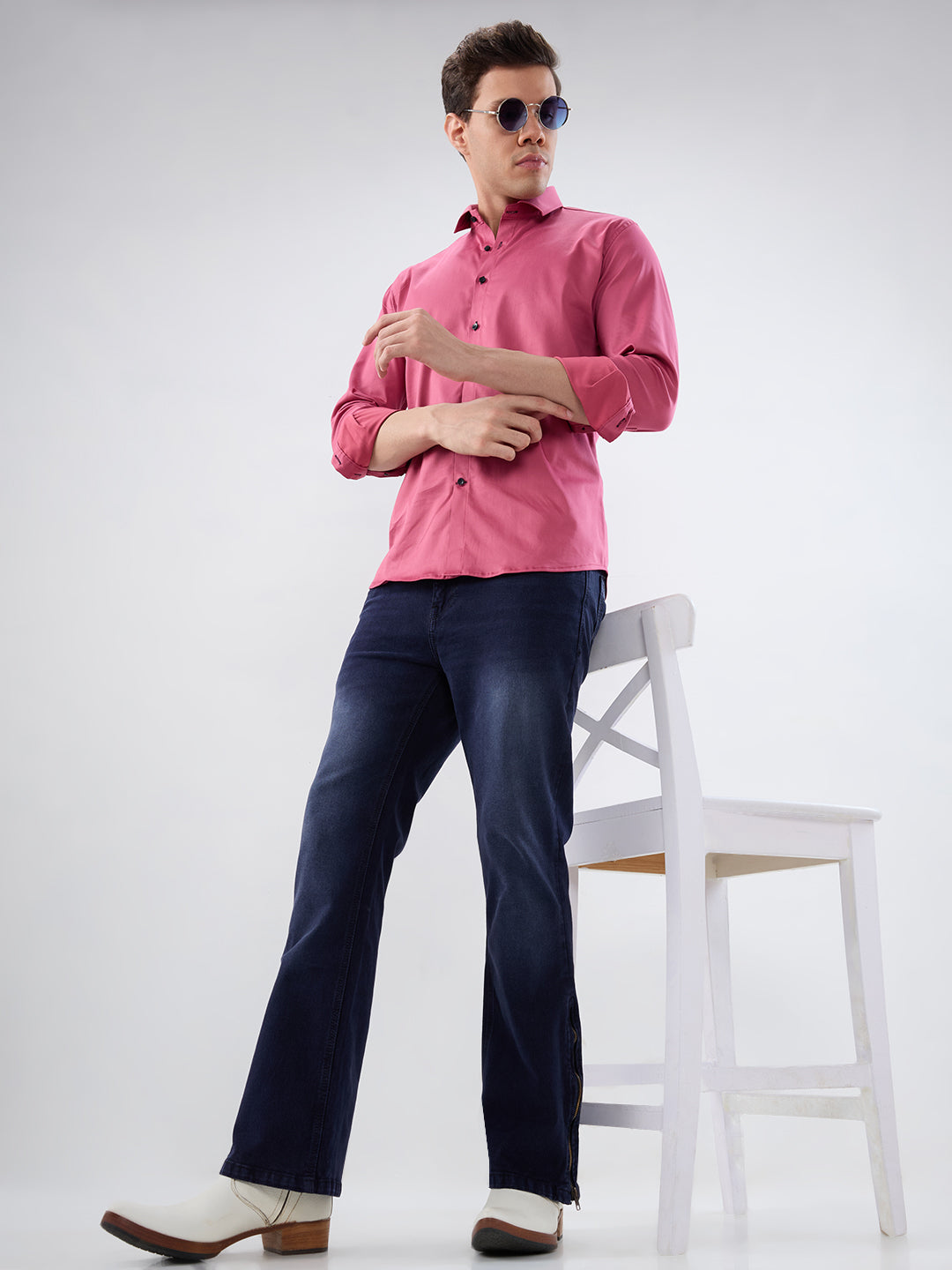 Deep Midnight Blue Bootcut Stretch Jeans with Antique-Gold Bottom Zipper & Contrast Stitch Accents