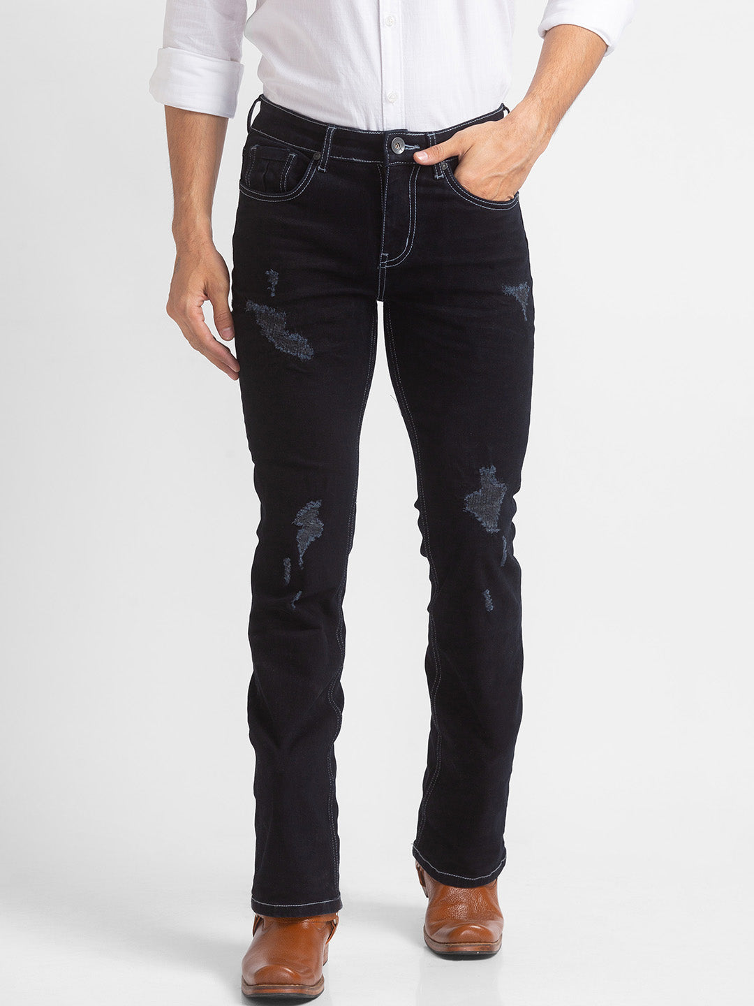 Black Distressed Bootcut Jeans for Men