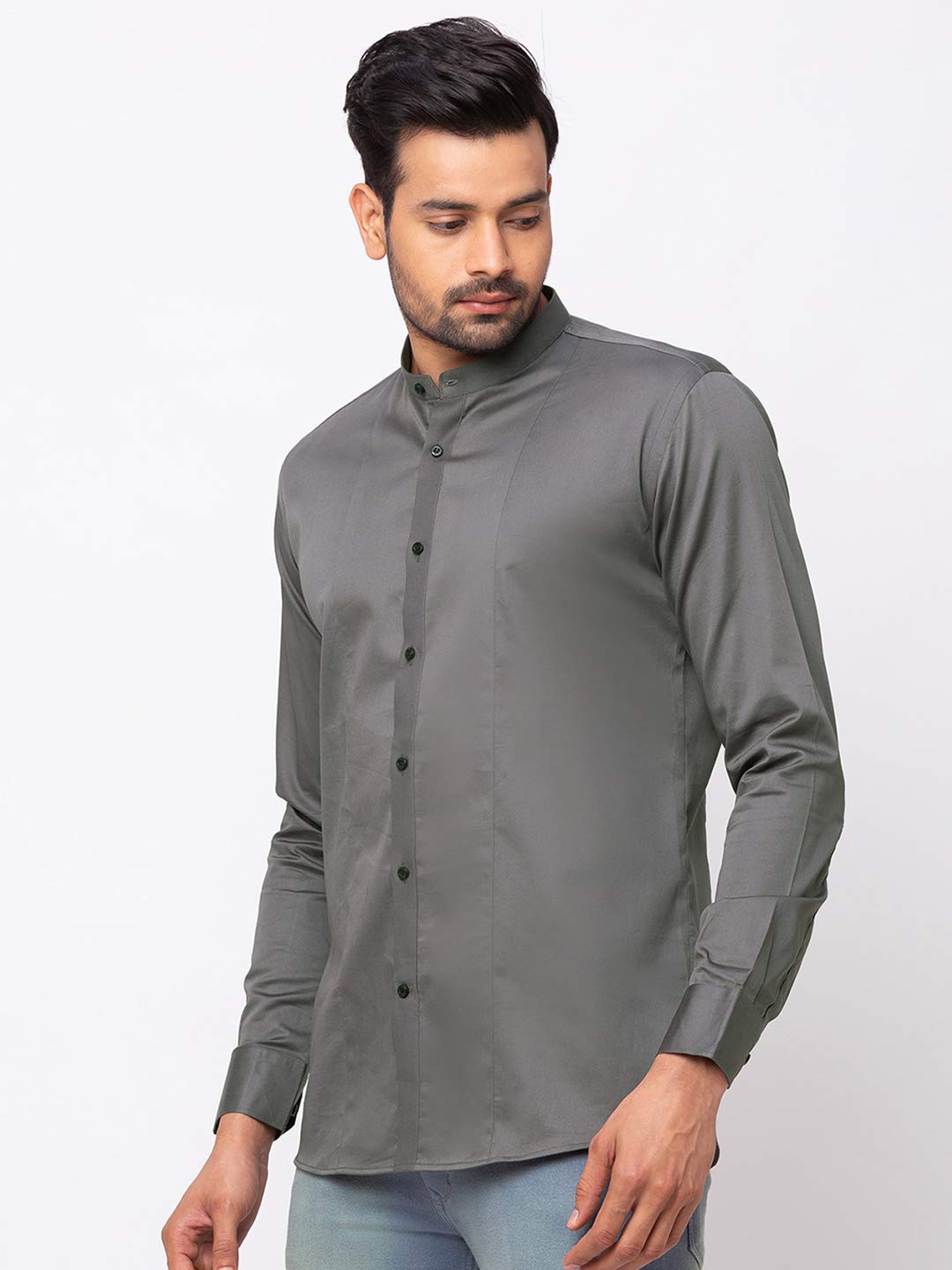 Grey Formal Shirt with Mandarin Collar