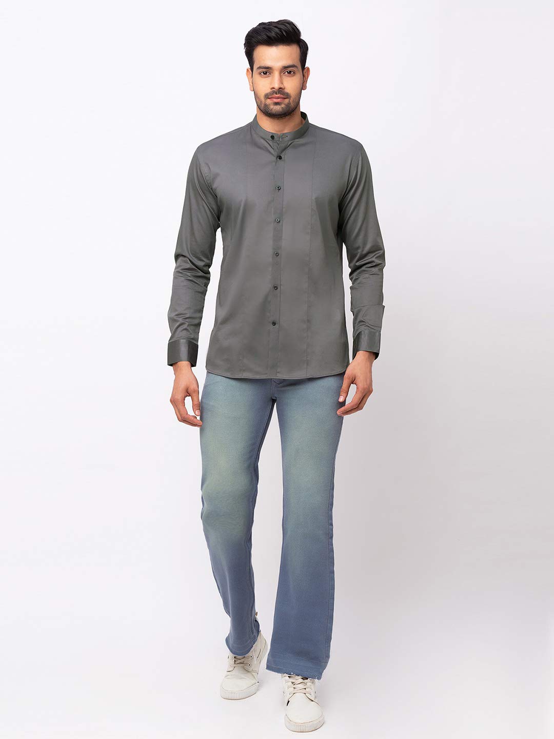 Grey Formal Shirt with Mandarin Collar