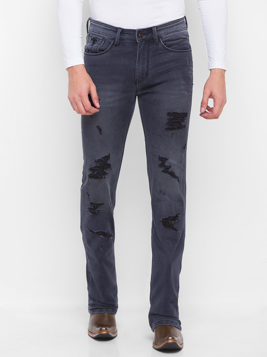 Carbon Black Slim Distressed Bootcut Jeans