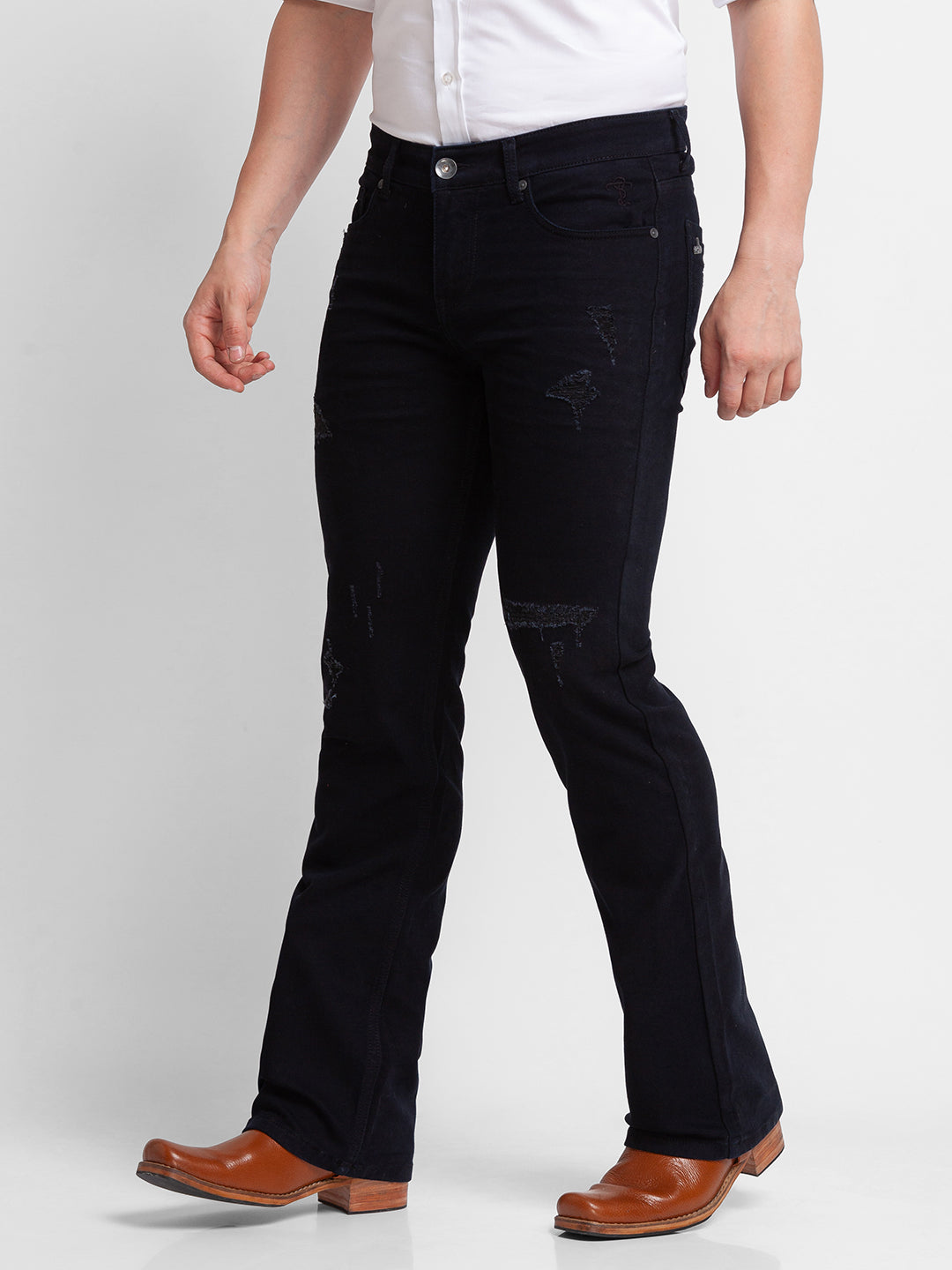 Midnight Blue Distressed Bootcut Jeans for Men