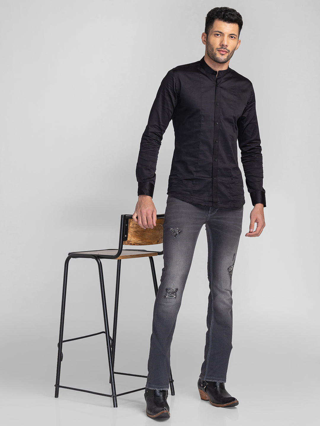 Grey Distressed Bootcut Jeans for Men