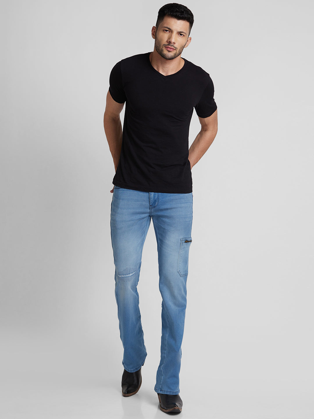 Light Blue 6 Pocket Distressed Bootcut Jeans