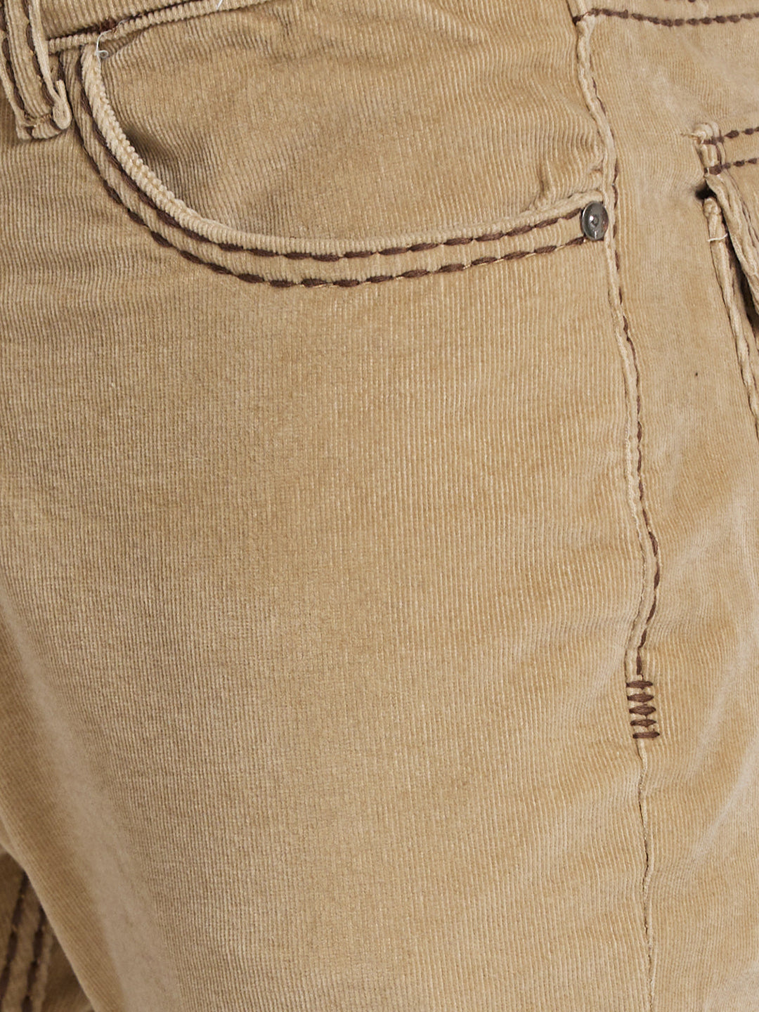 Beige Bootcut Corduroy With Brown Saddle Stitch And Bottom Zipper