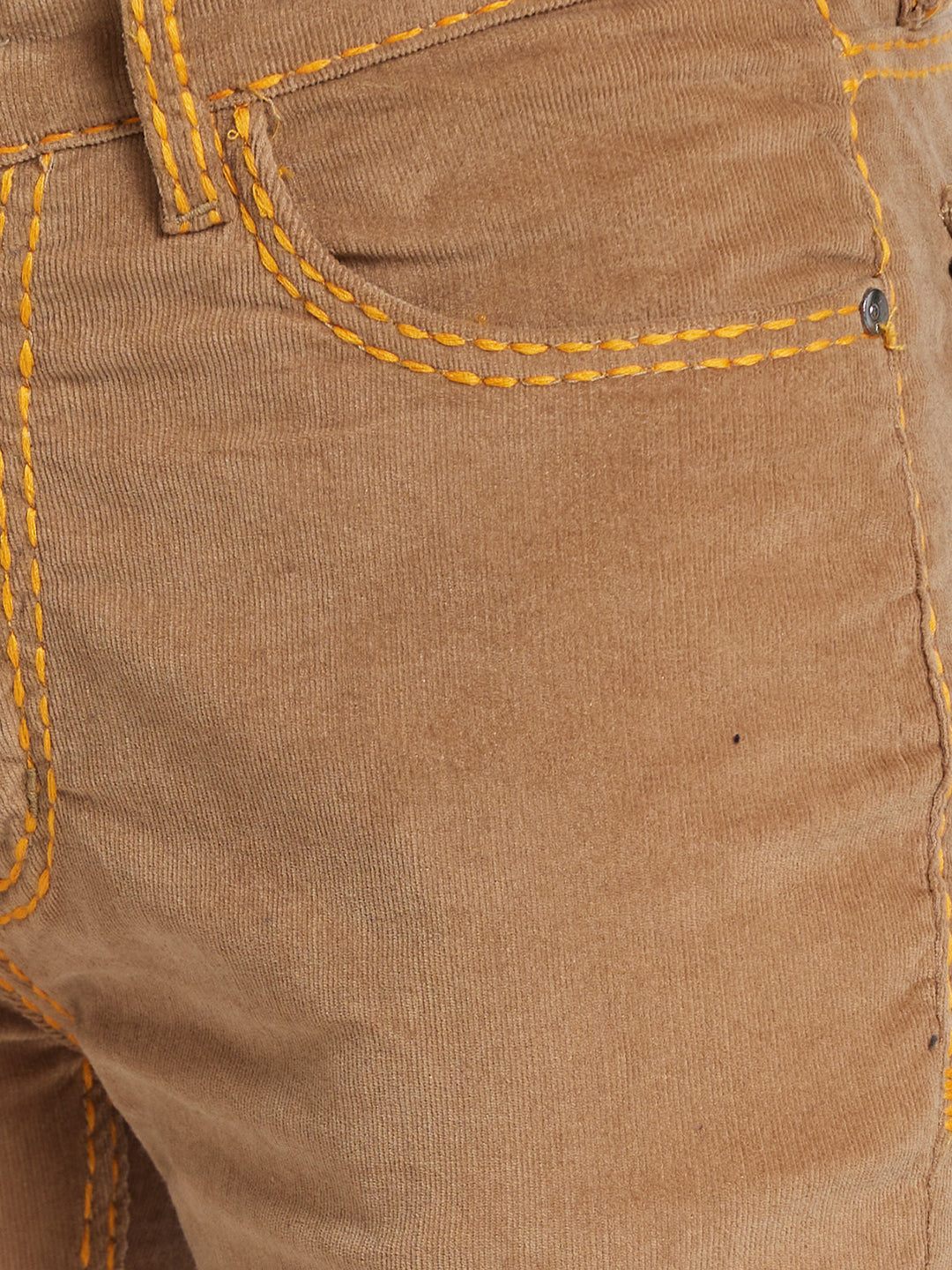 Camel Brown Bootcut Corduroy With Yellow Saddle Stitch And Bottom Zipper