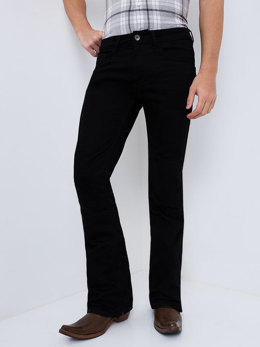 Men's Black Distress Bootcut Jeans with Zipper Bottom