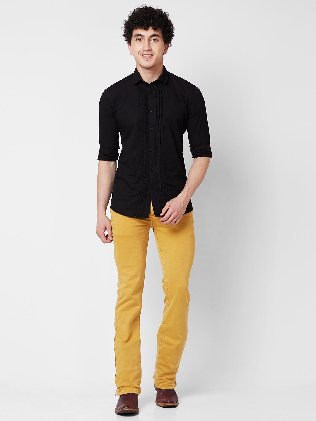 Mustard Boot-cut Jeans With Bottom Chain For Mens