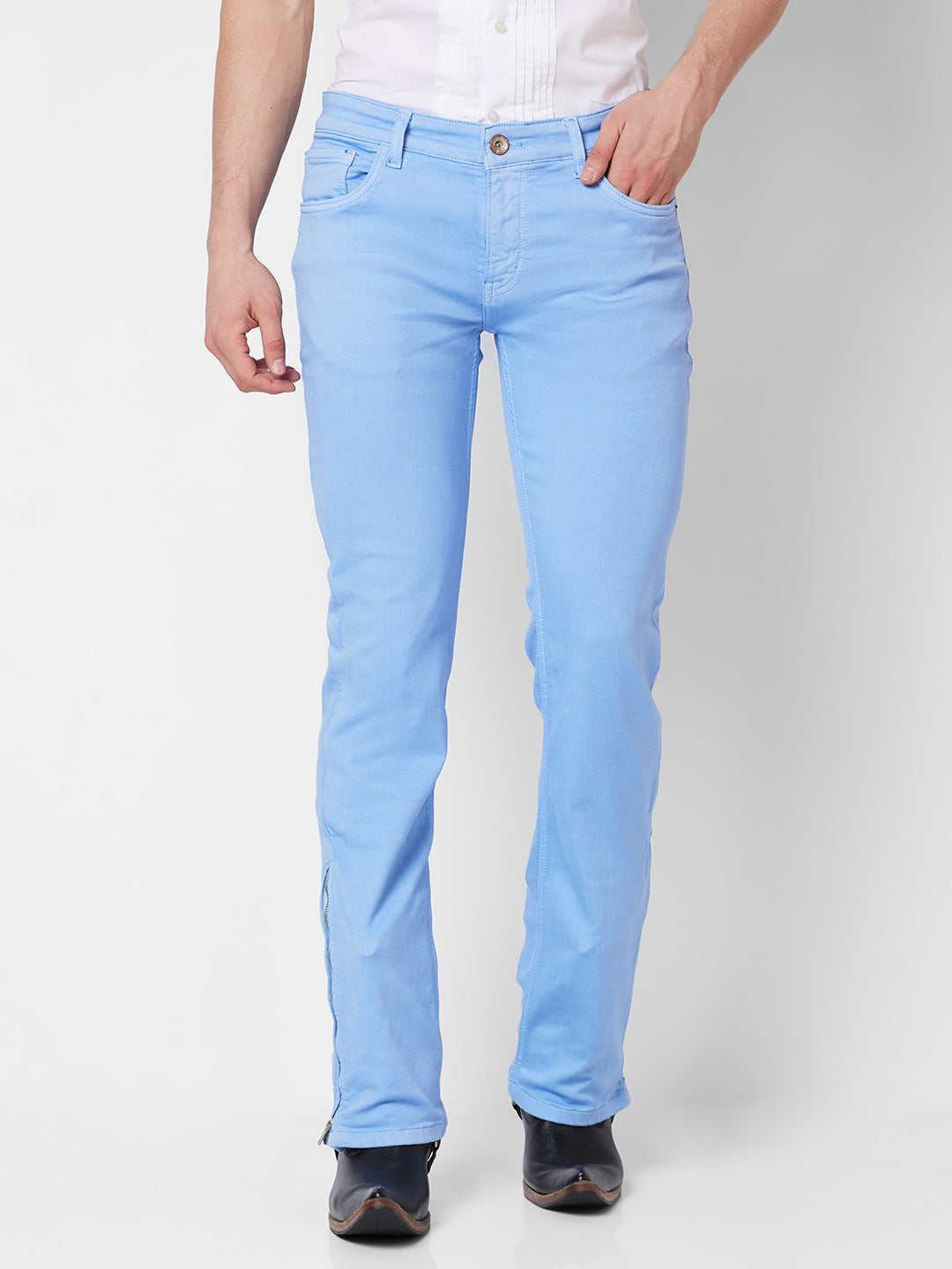 Sky Blue Boot-cut Jeans With Zipper Bottom For Mens