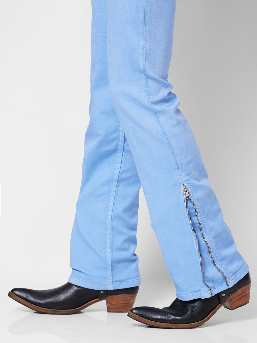 Sky Blue Boot-cut Jeans With Zipper Bottom For Mens