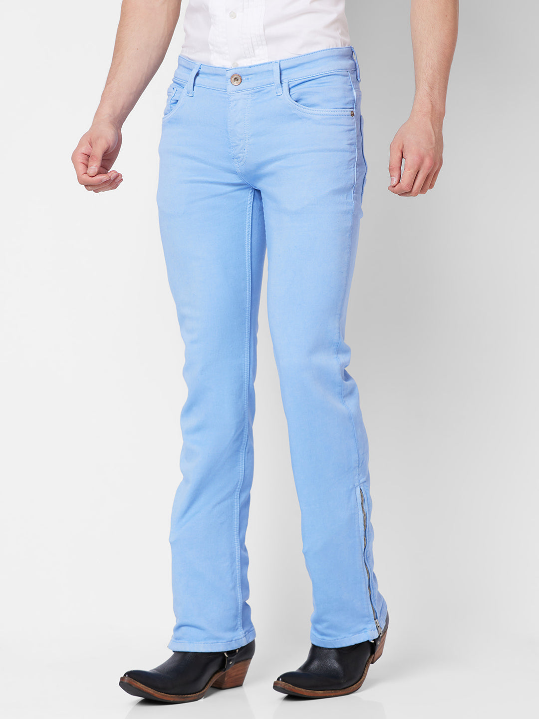 Sky Blue Boot-cut Jeans With Zipper Bottom For Mens
