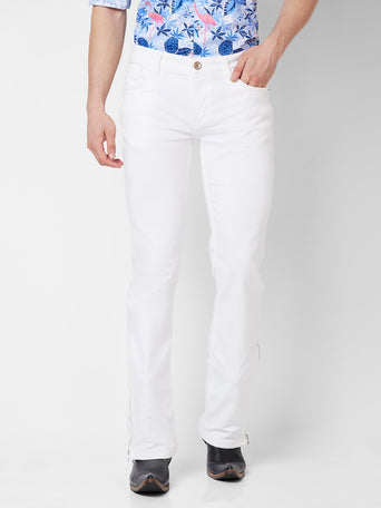 White Boot-cut Jeans With Zipper Bottom For Mens