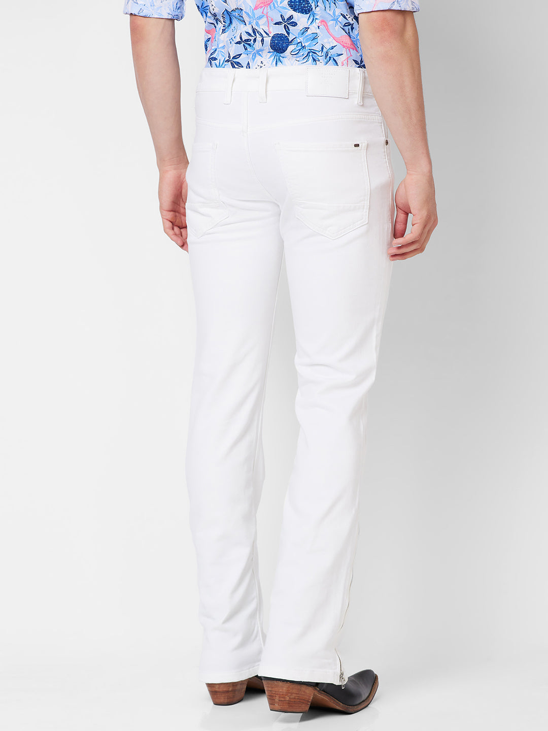 White Boot-cut Jeans With Zipper Bottom For Mens