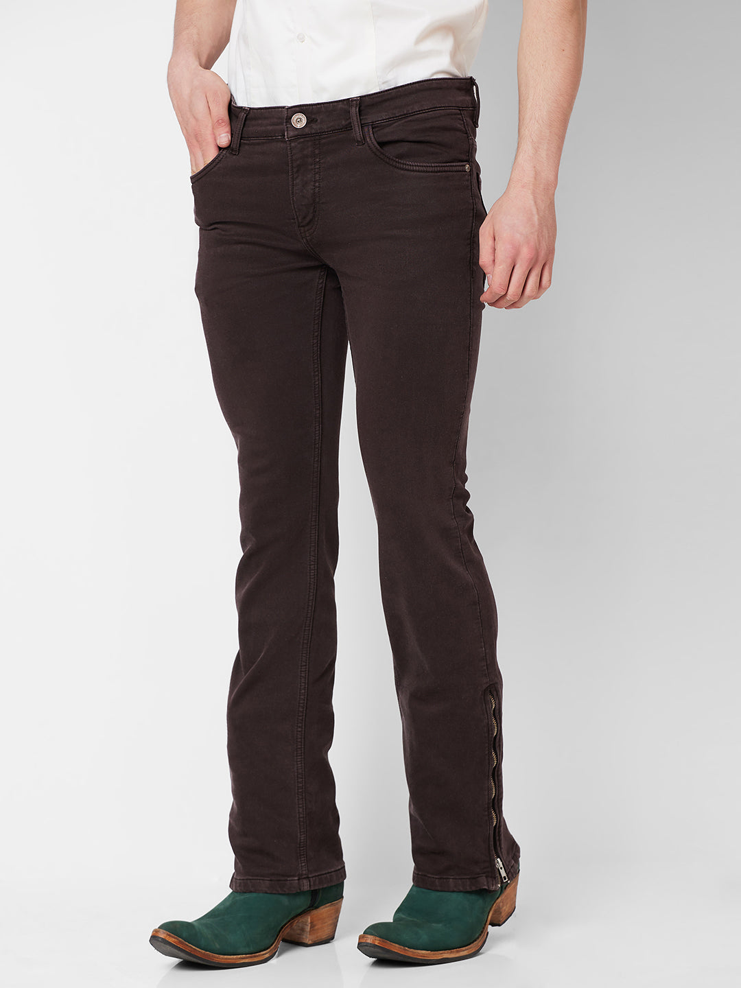 Brown Boot-cut Jeans With Zipper Bottom