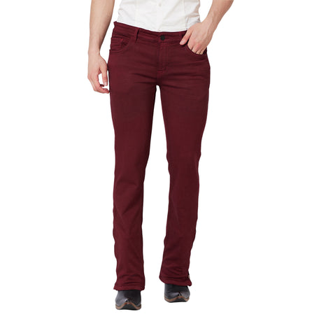 Maroon Boot-cut Jeans With Zipper Bottom For Mens