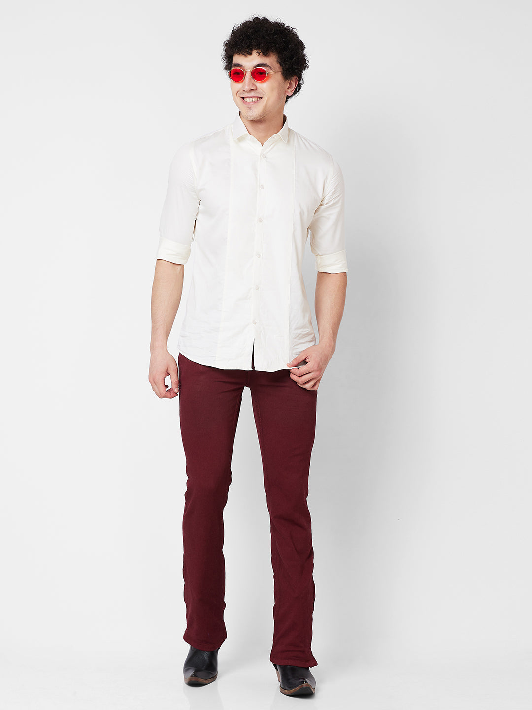 Maroon Boot-cut Jeans With Zipper Bottom For Mens