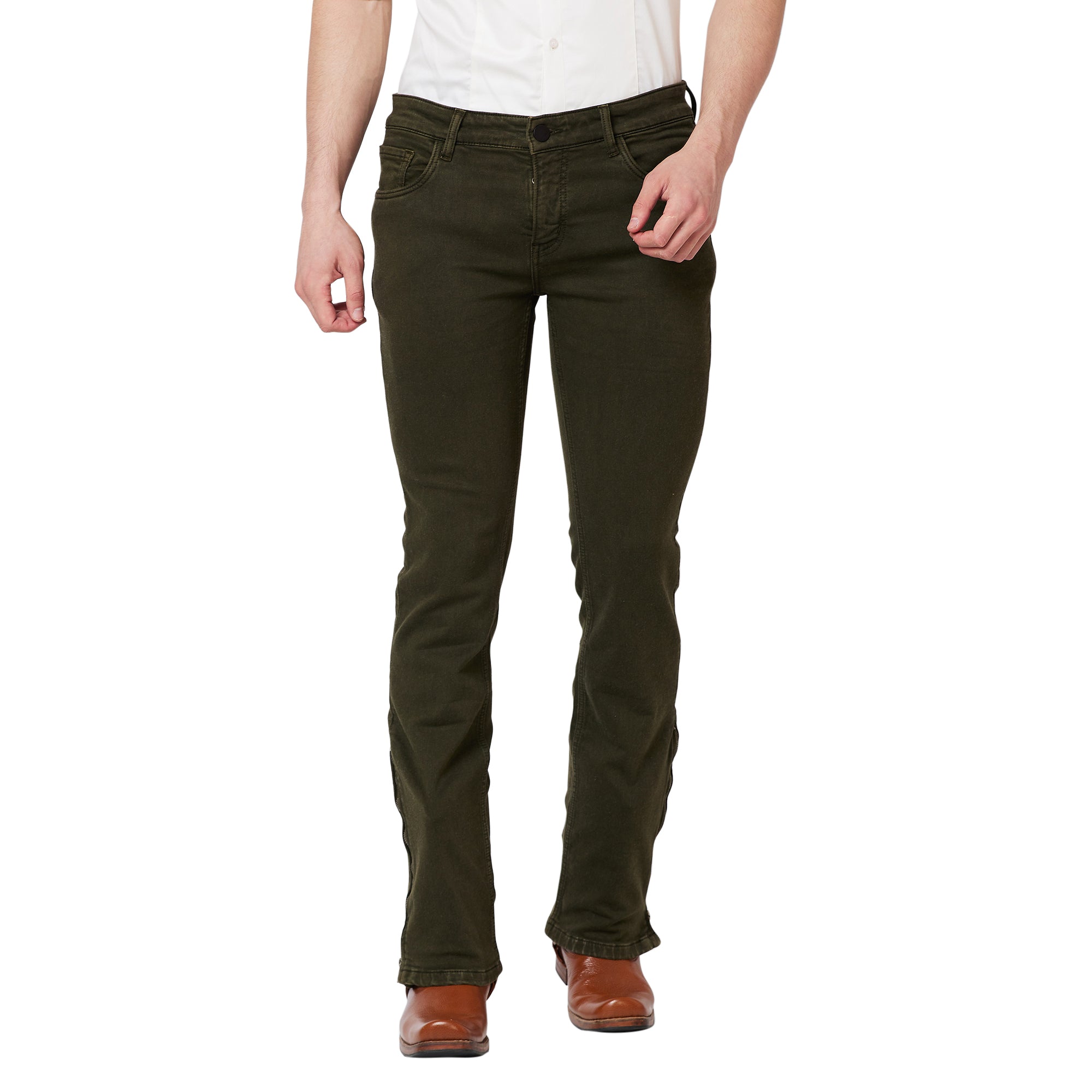 Olive Green Boot-cut Jeans With Zipper Bottom For Mens – Mode De Base ...