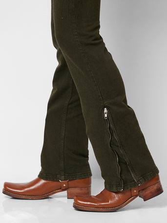 Olive Green Boot-cut Jeans With Zipper Bottom For Mens