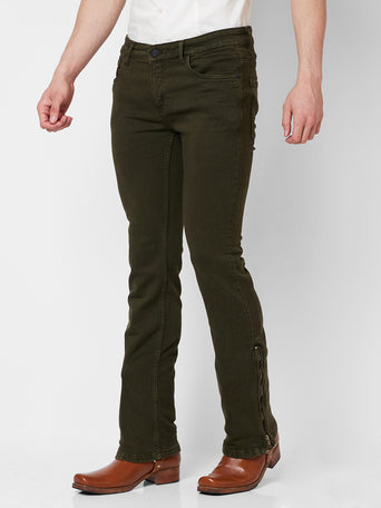Olive Green Boot-cut Jeans With Zipper Bottom For Mens