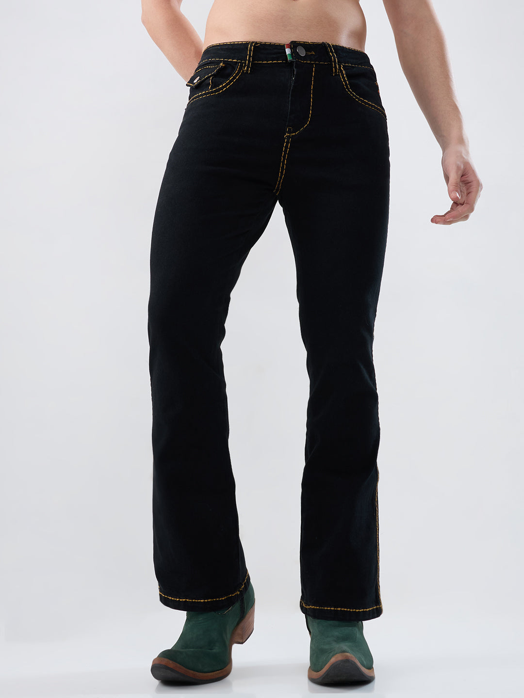 Men’s Jet Black Bootcut Stretch Denim Jeans – Mustard Stitching & Flap Pocket Accents