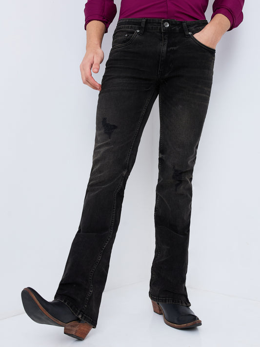 Men's Carbon Black Distress Bootcut Jeans With Zipper Bottom