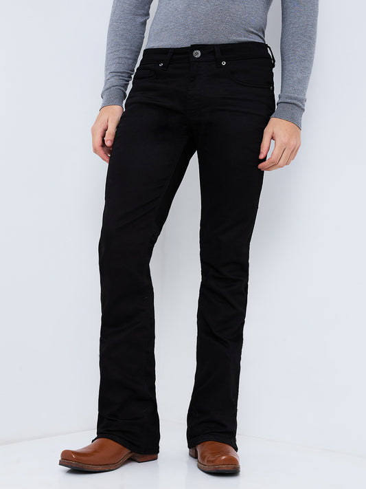 Men's Basic Black Bootcut Jeans With Zipper Bottom