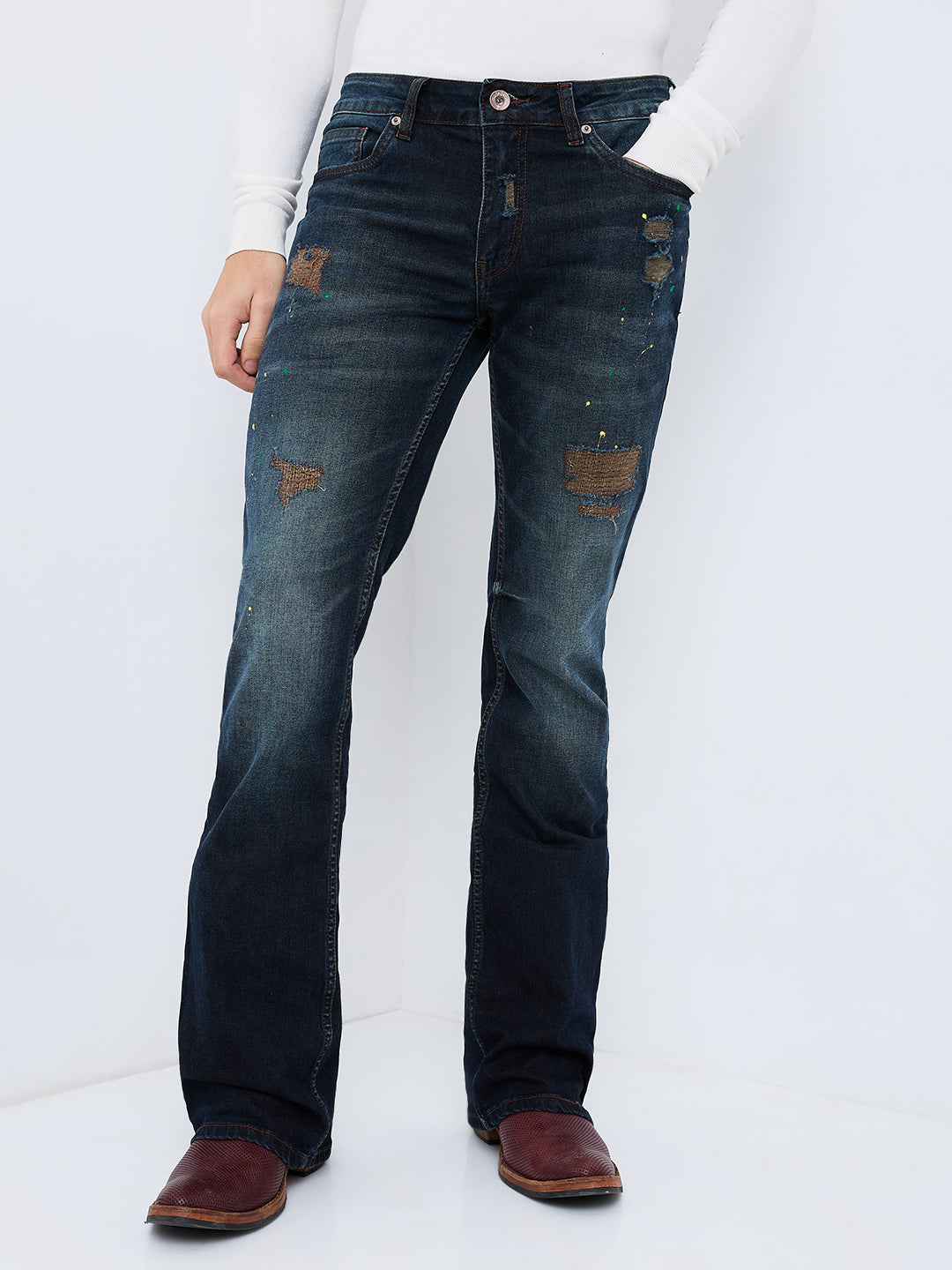 Men's Vintage Indigo Distress Bootcut Jeans with Paint Splatter and Zipper Bottom