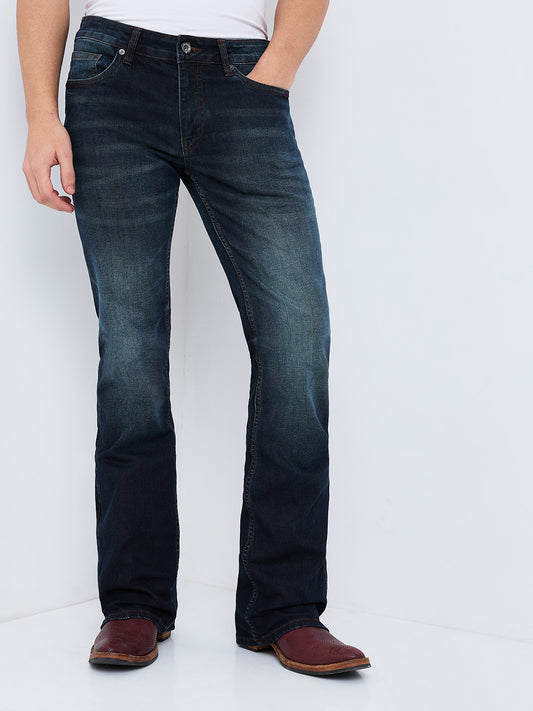 Men's Deep Indigo Blue Bootcut Jeans With Zipper Bottom