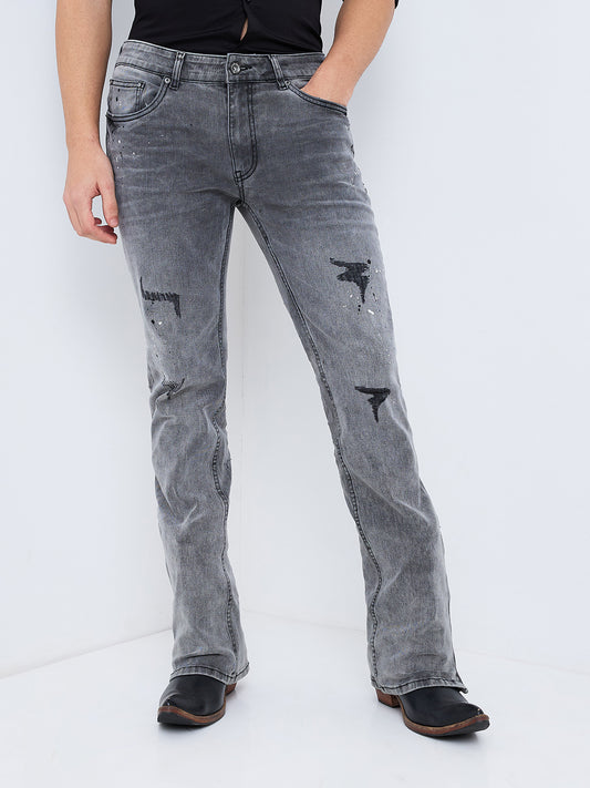 Men's Grey Distress Bootcut Jeans with zipper Bottom